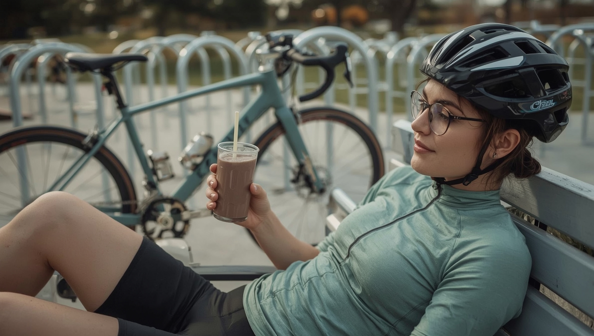 Cyclist with protein smoothie for post-ride recovery.