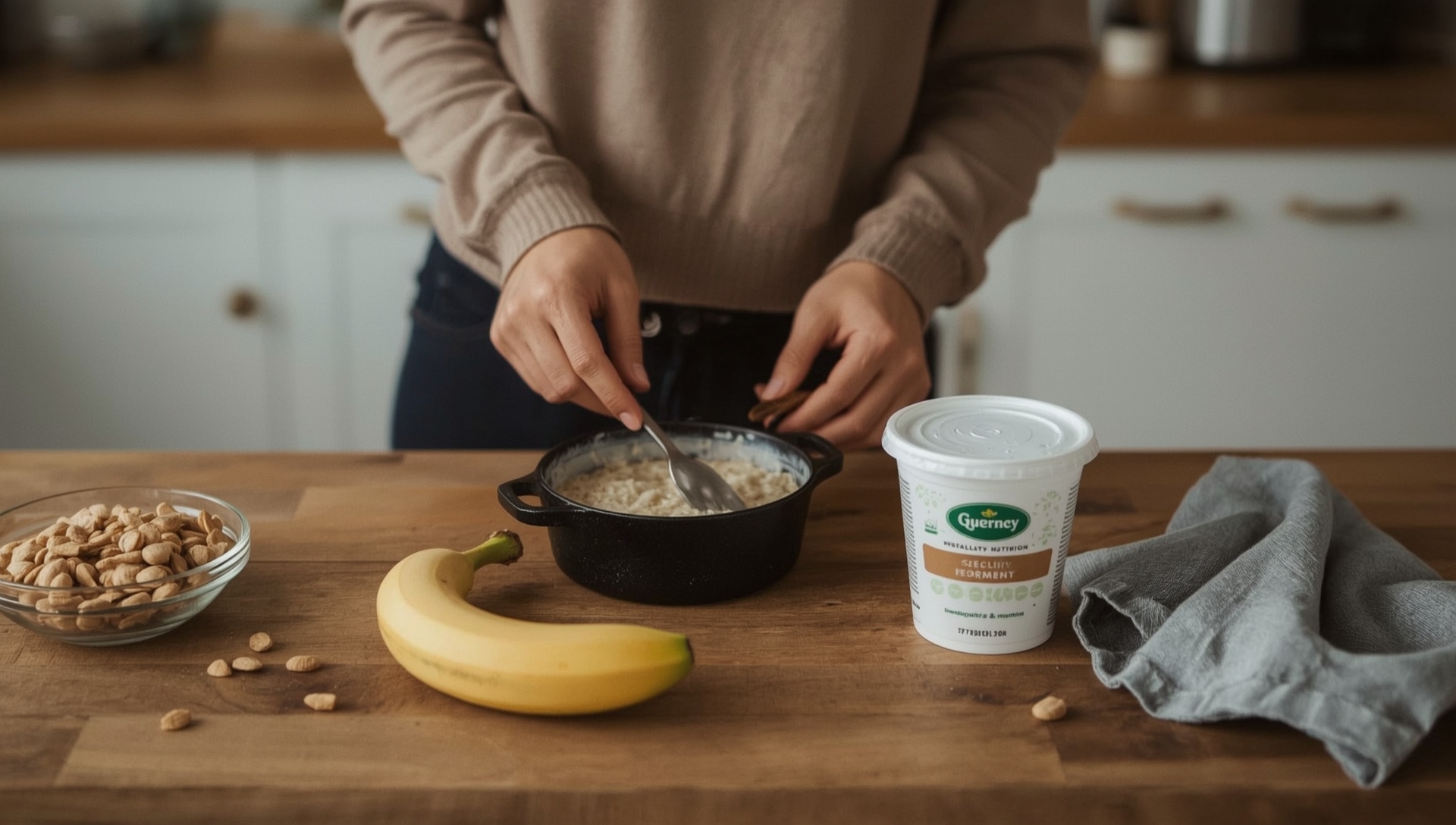 Cyclist preparing pre-ride meal with oatmeal and banana.