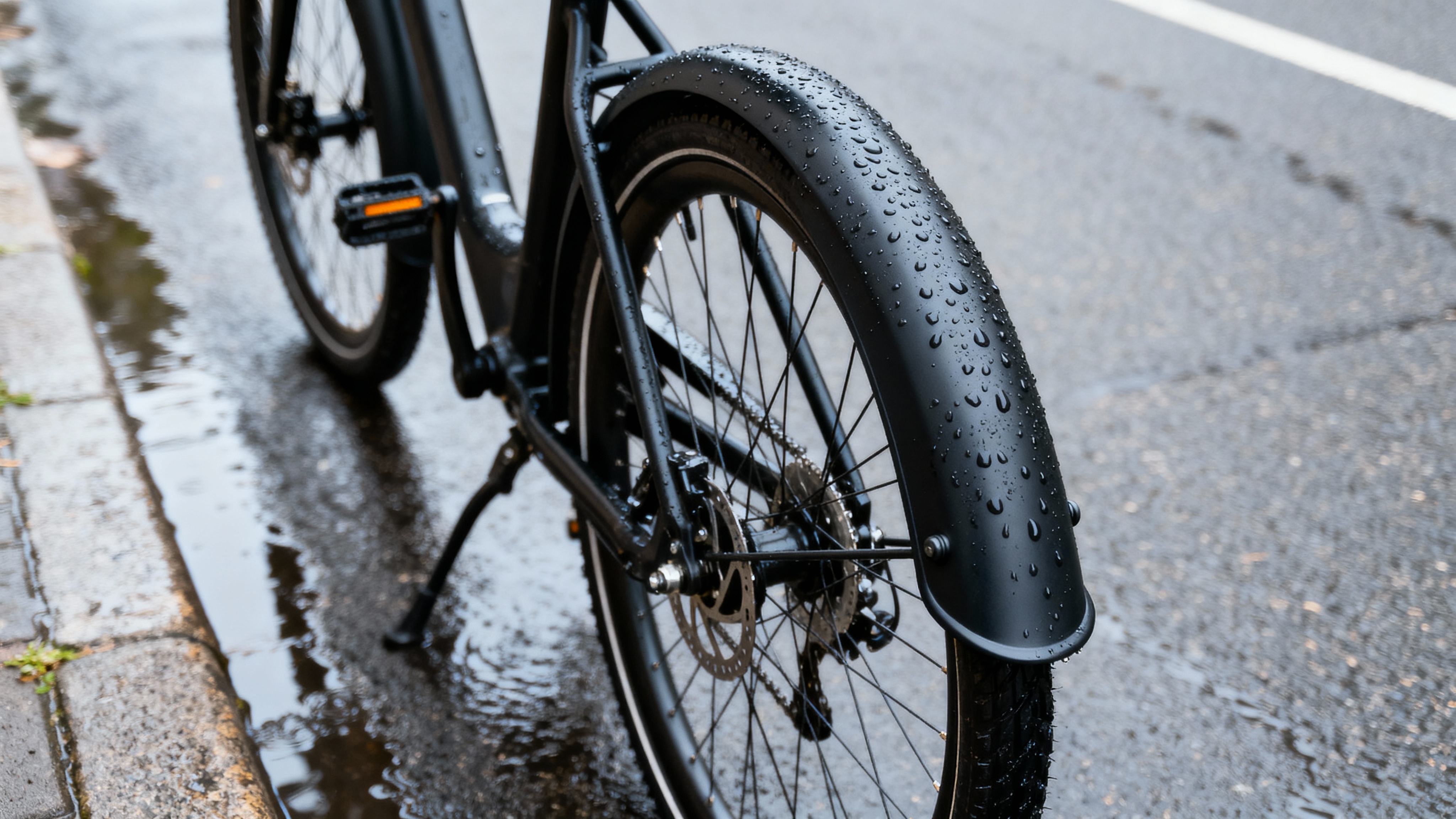 Close-up of commuter bike with full-coverage black fenders protecting from road spray on a wet surface.