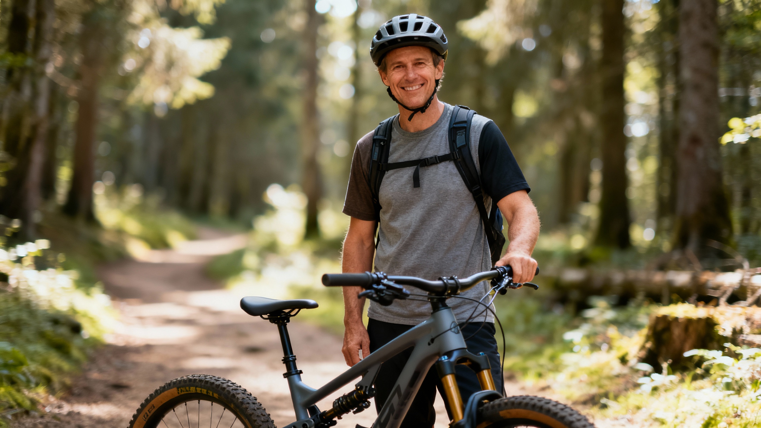 Happy mountain bike rider in the forest.