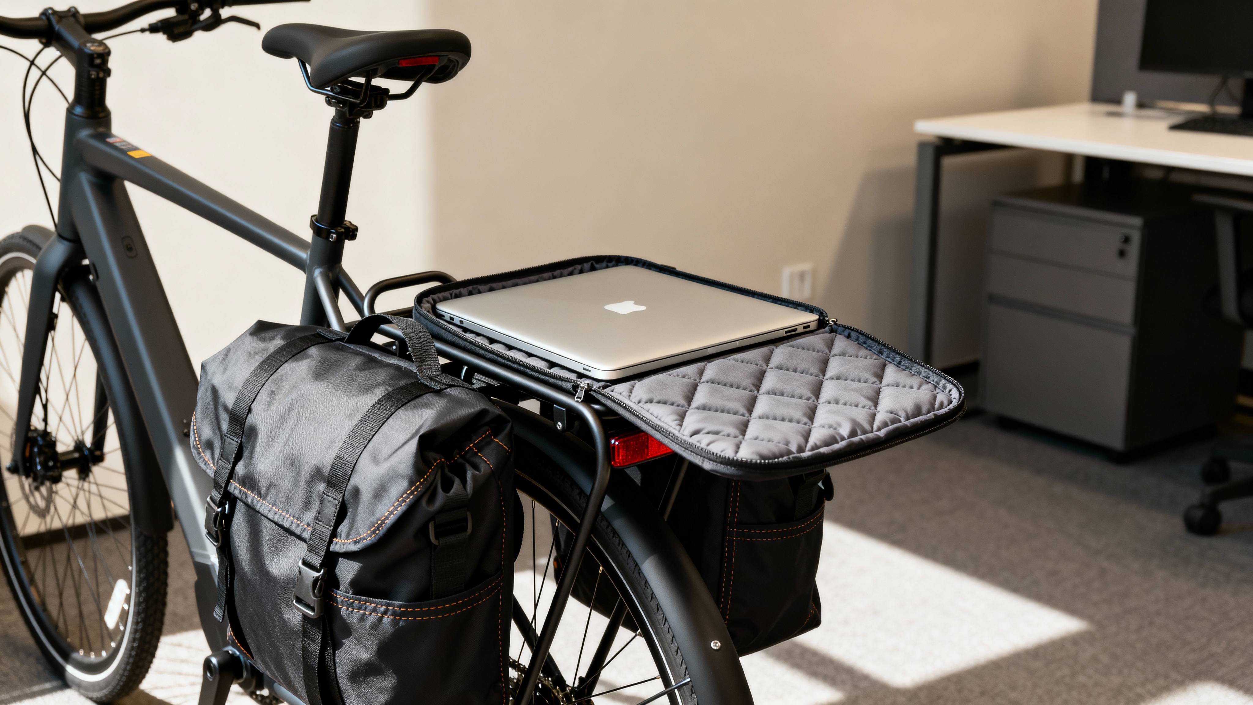 Rear rack of a commuter bike with waterproof roll-top panniers attached, one open showing padded laptop sleeve.