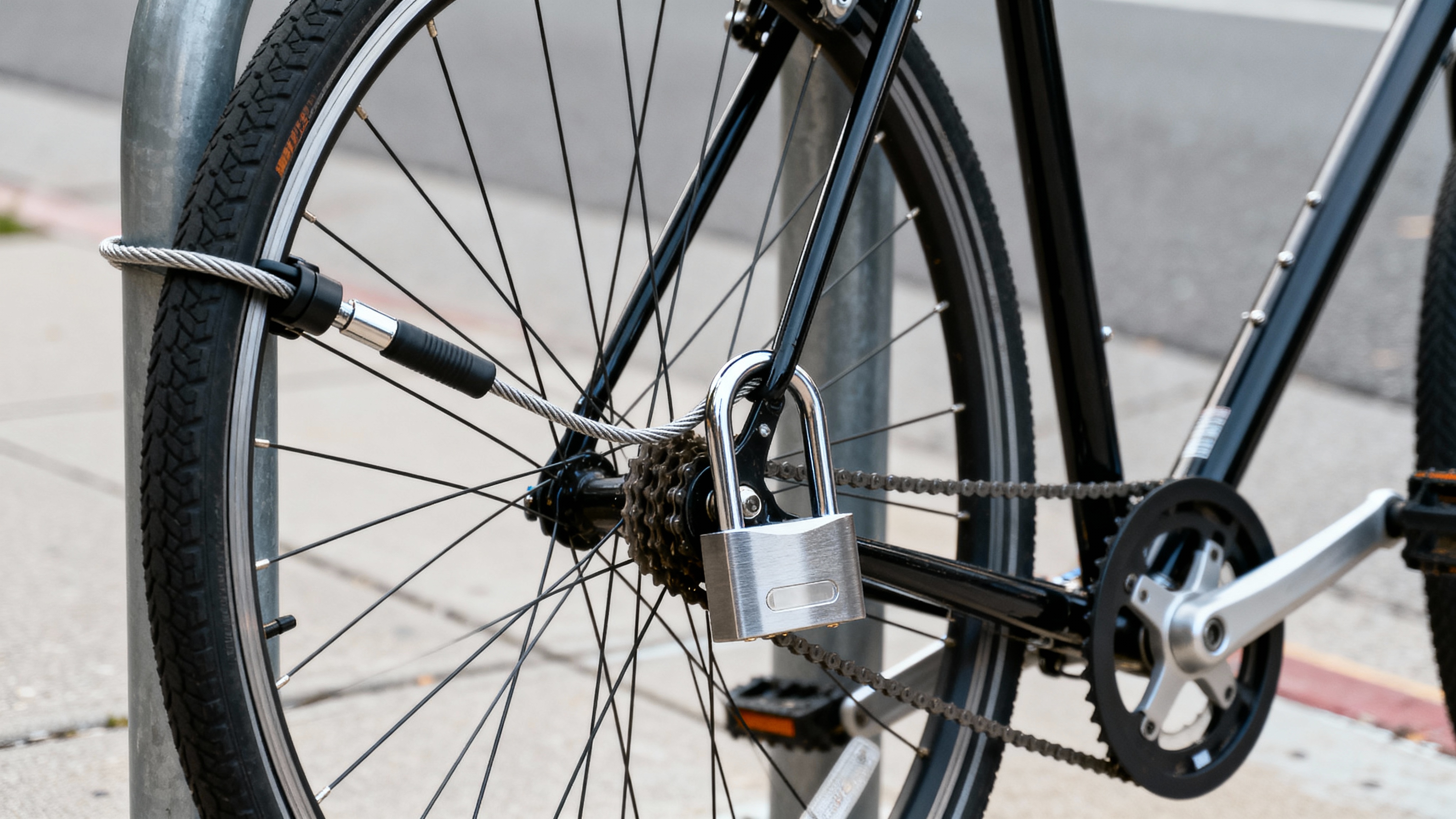 Commuter bike securely locked to a rack using a U-lock through frame and rear wheel plus cable for front wheel