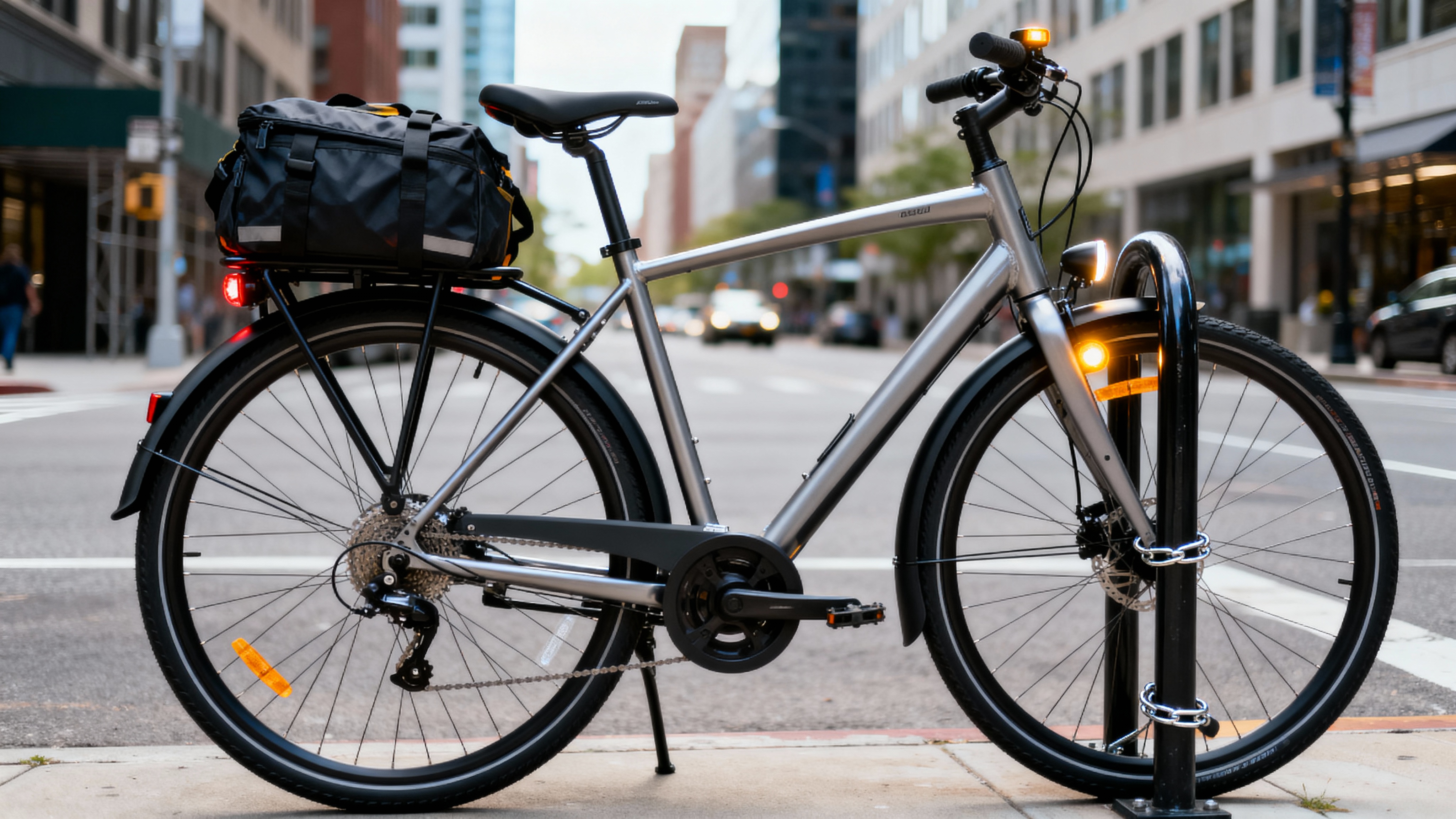 Fully equipped urban commuter bike with fenders, rear panniers, lights, and rack, parked on a city street.