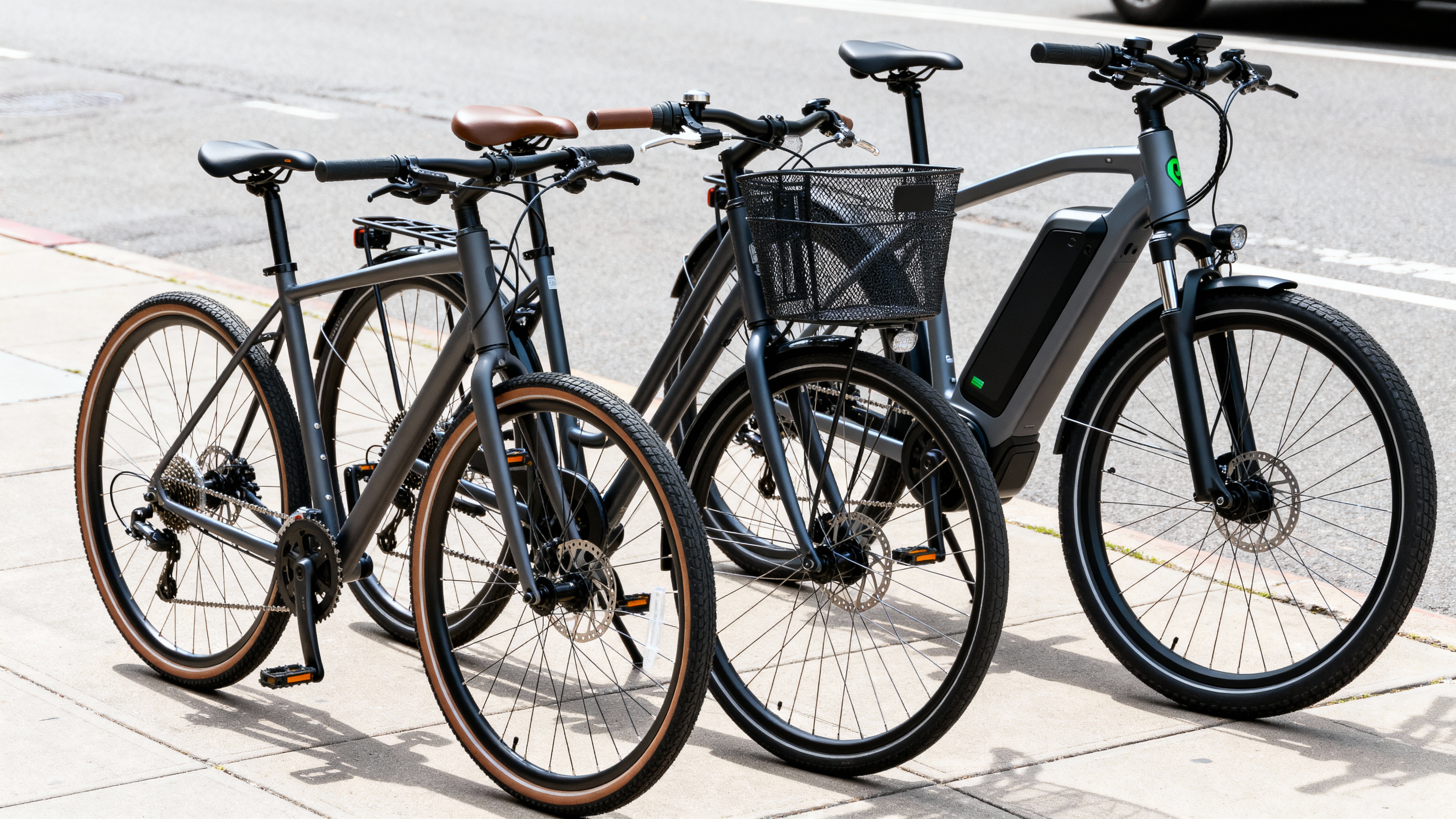 Three commuter bikes side by side: hybrid with upright position, classic city bike with basket, and modern electric e-bike.