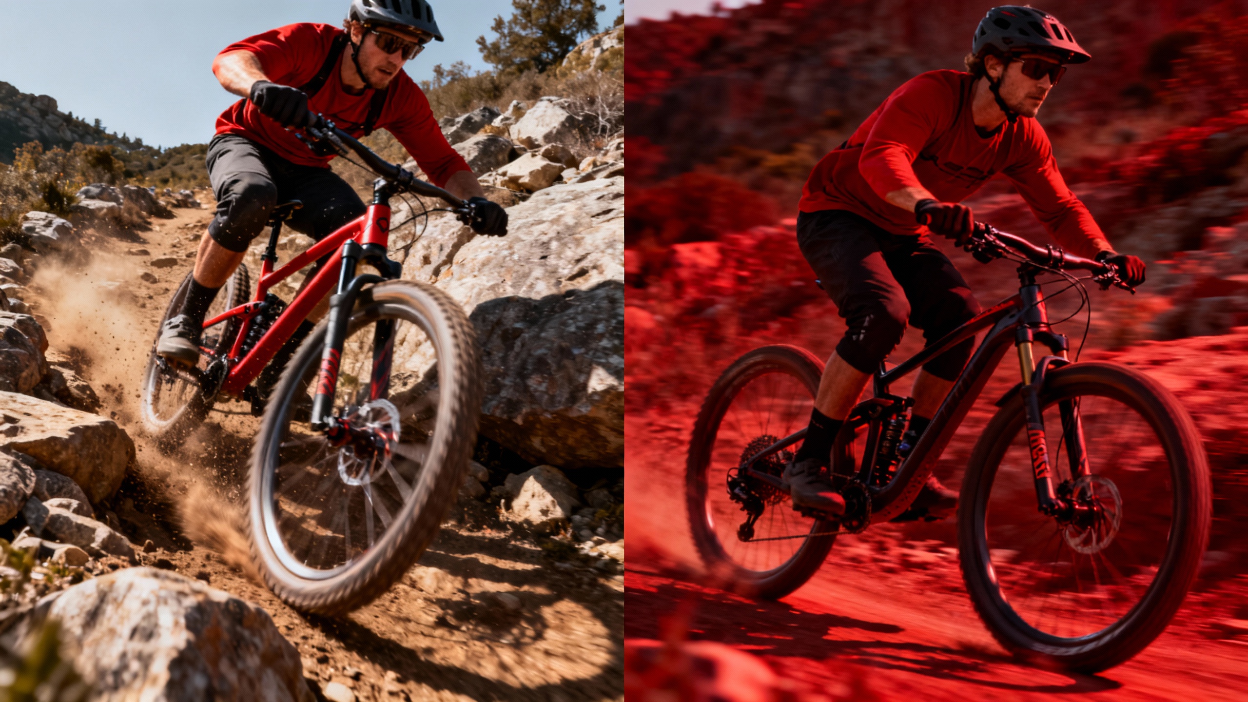 Aggressive mountain bike rider on hard trail.