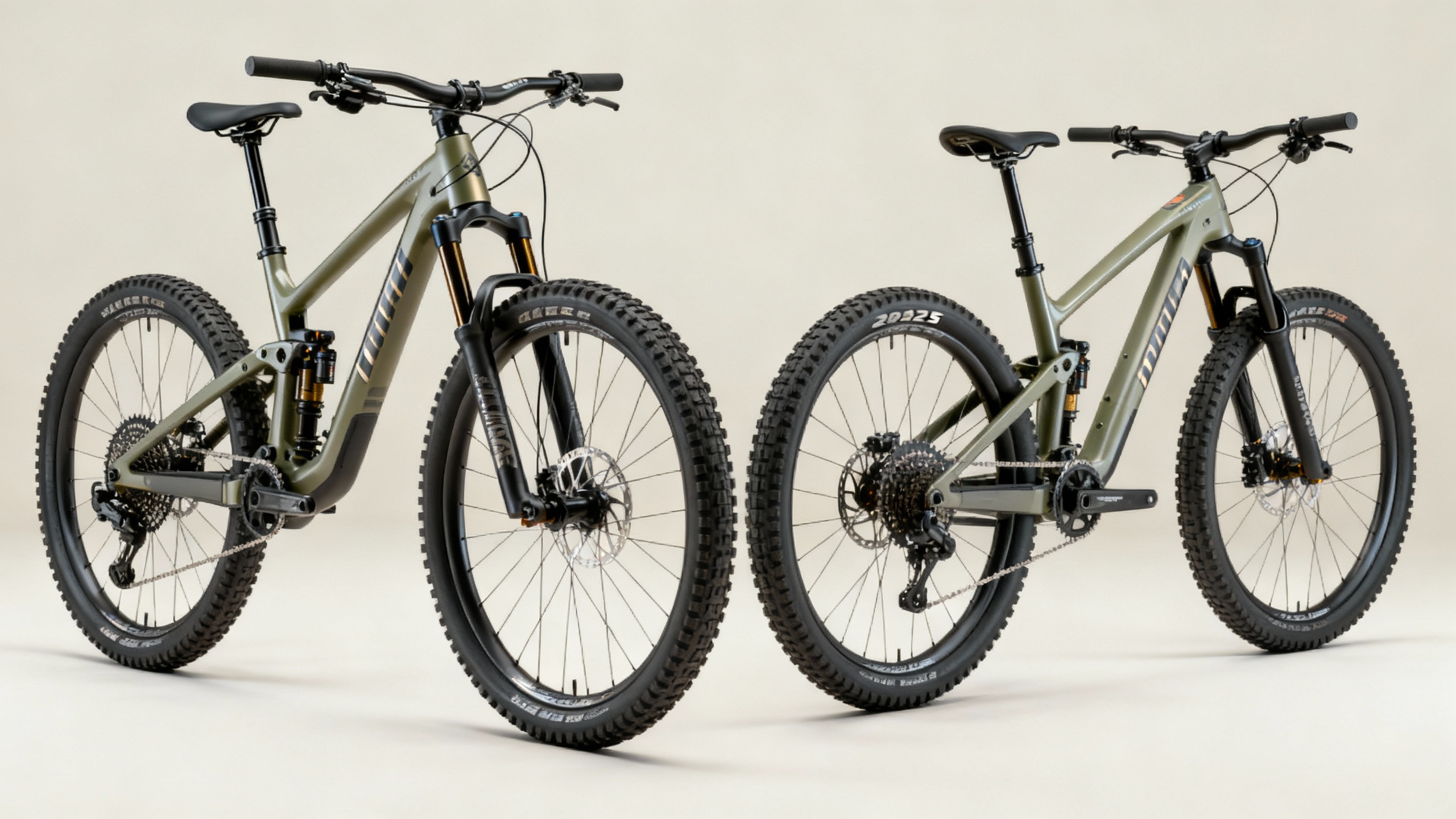 Two mountain bikes side by side in the room.