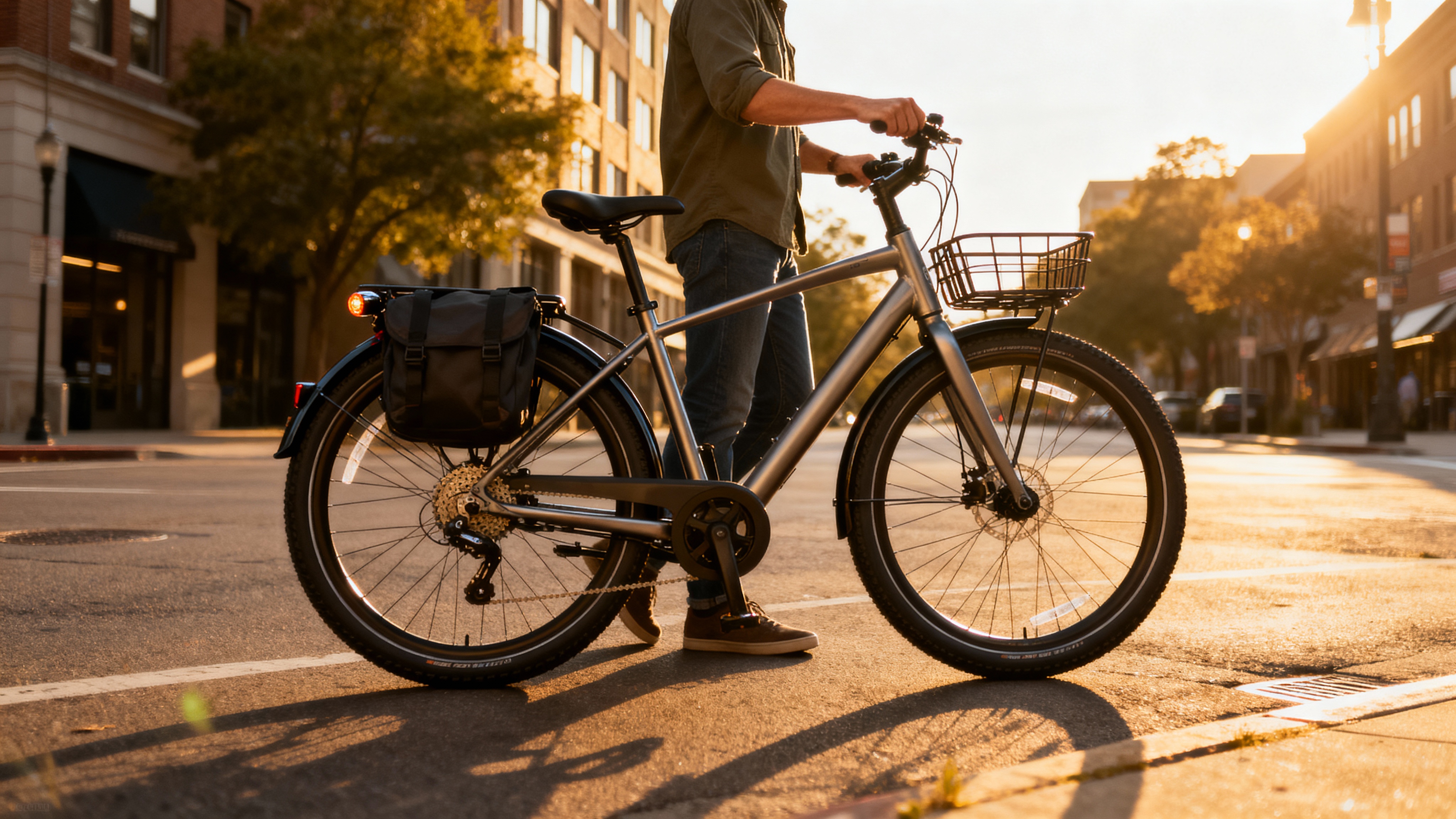 Ultimate commuter bike setup in urban setting with fenders, panniers, front basket, lights, and wide tires under golden hour light.